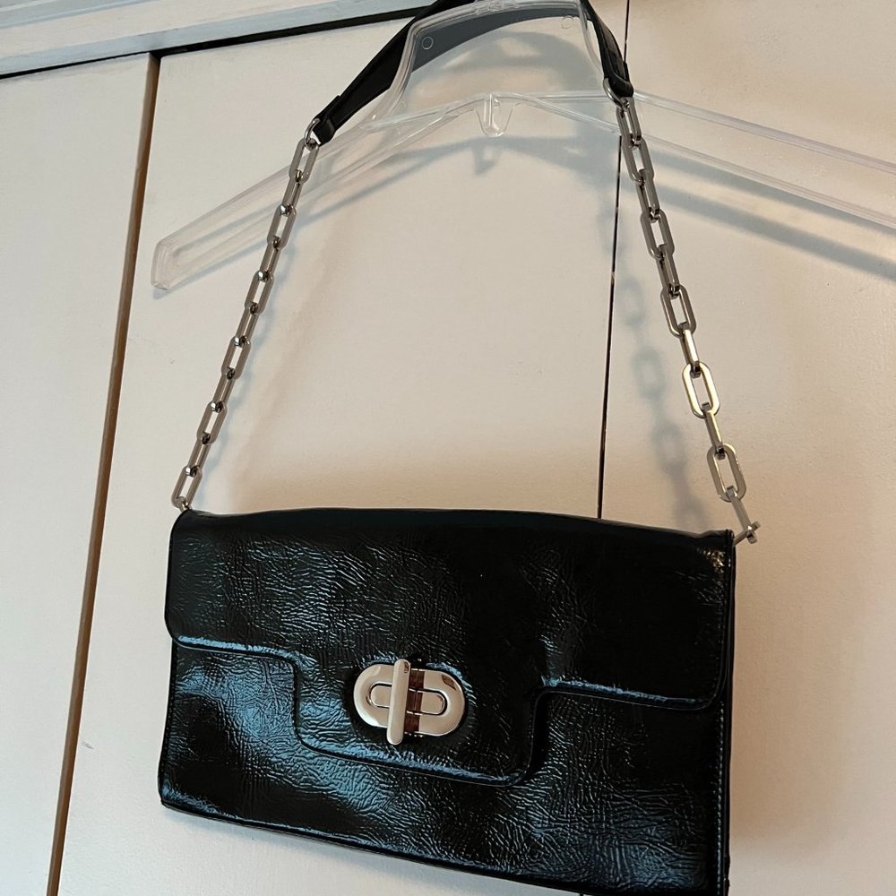 Black Patent Shoulder Bag with Chain Strap